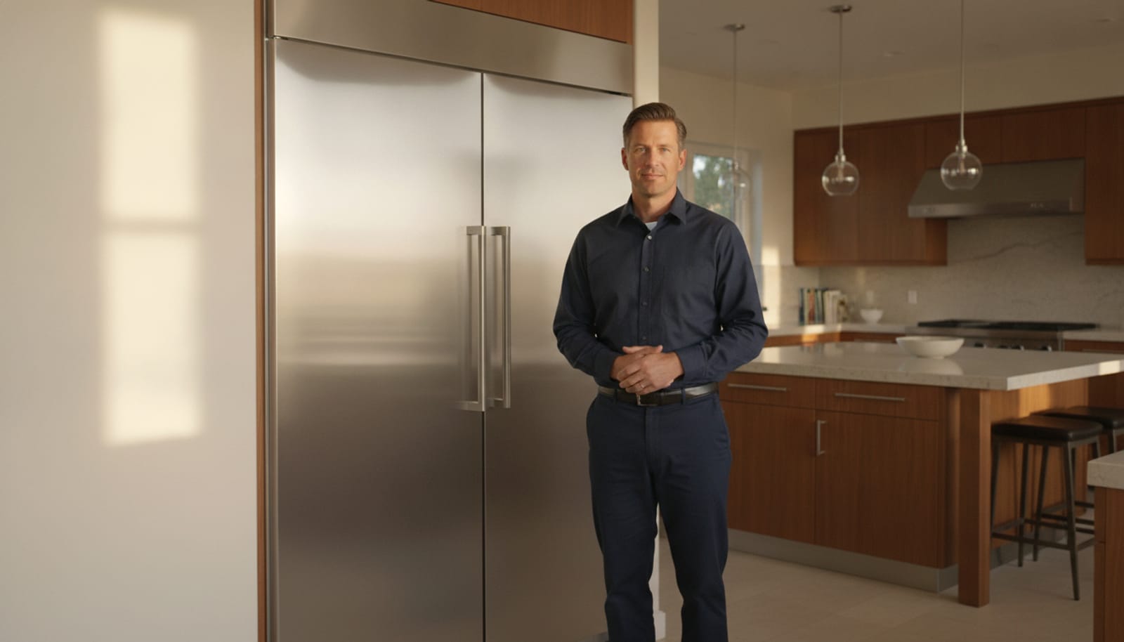Appliance technician in a clean unmarked uniform beside a built-in refrigerator in an upscale kitchen