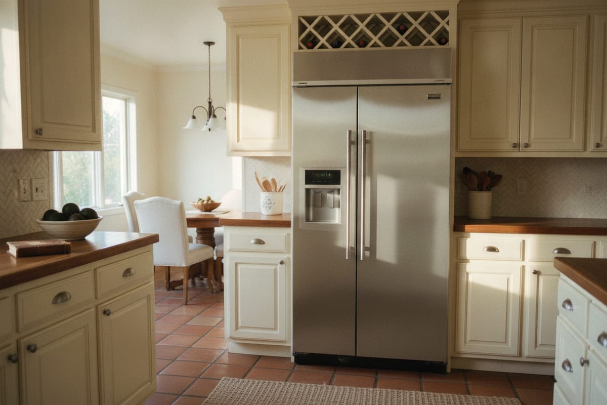 An older but well-kept built-in refrigerator in a lived-in Southern California kitchen