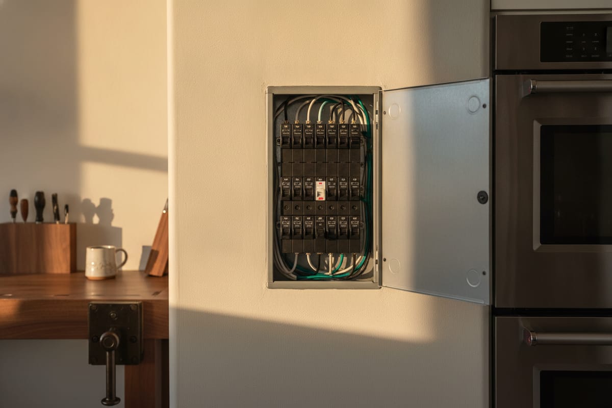 A household electrical breaker panel with a single breaker switched