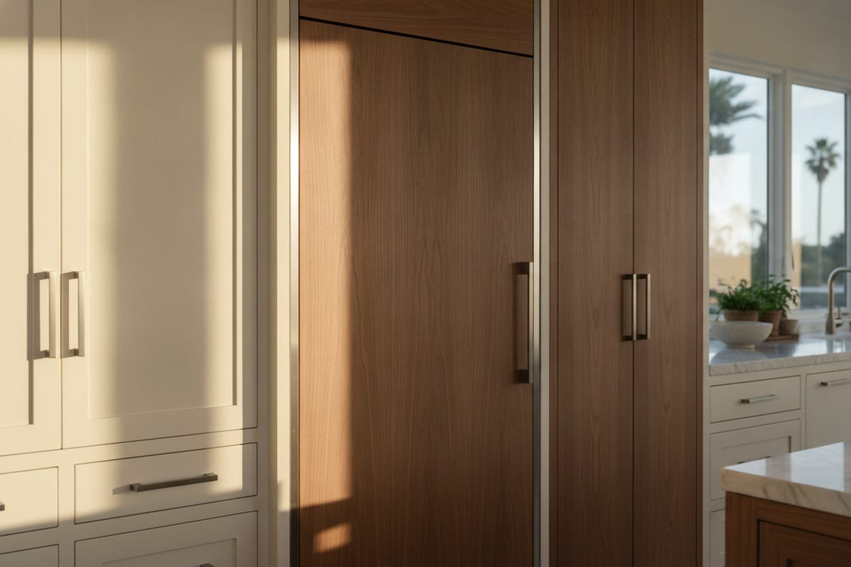 A panel-ready built-in refrigerator flush in custom cabinetry, tight clearances