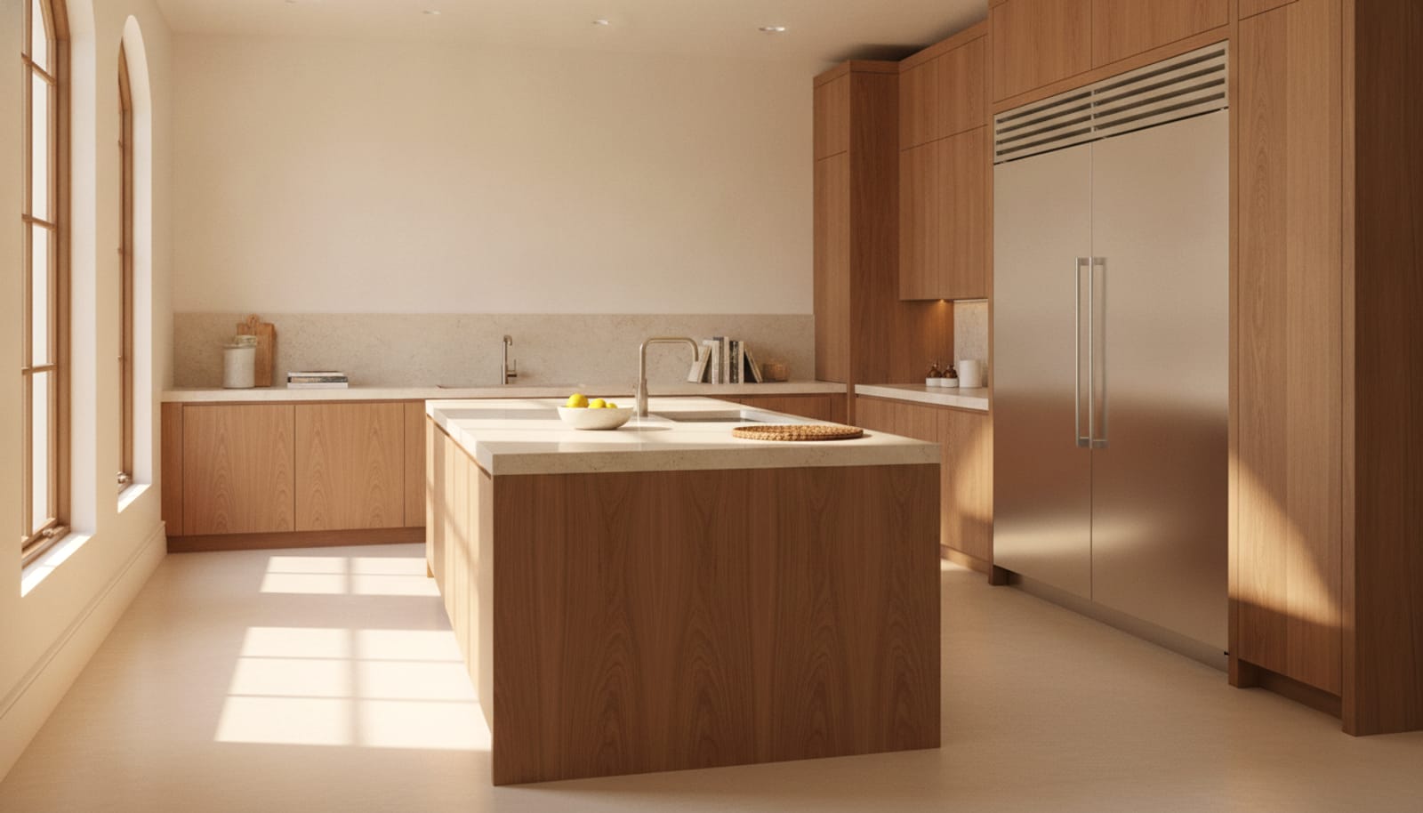 Built-in Sub-Zero refrigerator integrated into a luxury Southern California kitchen