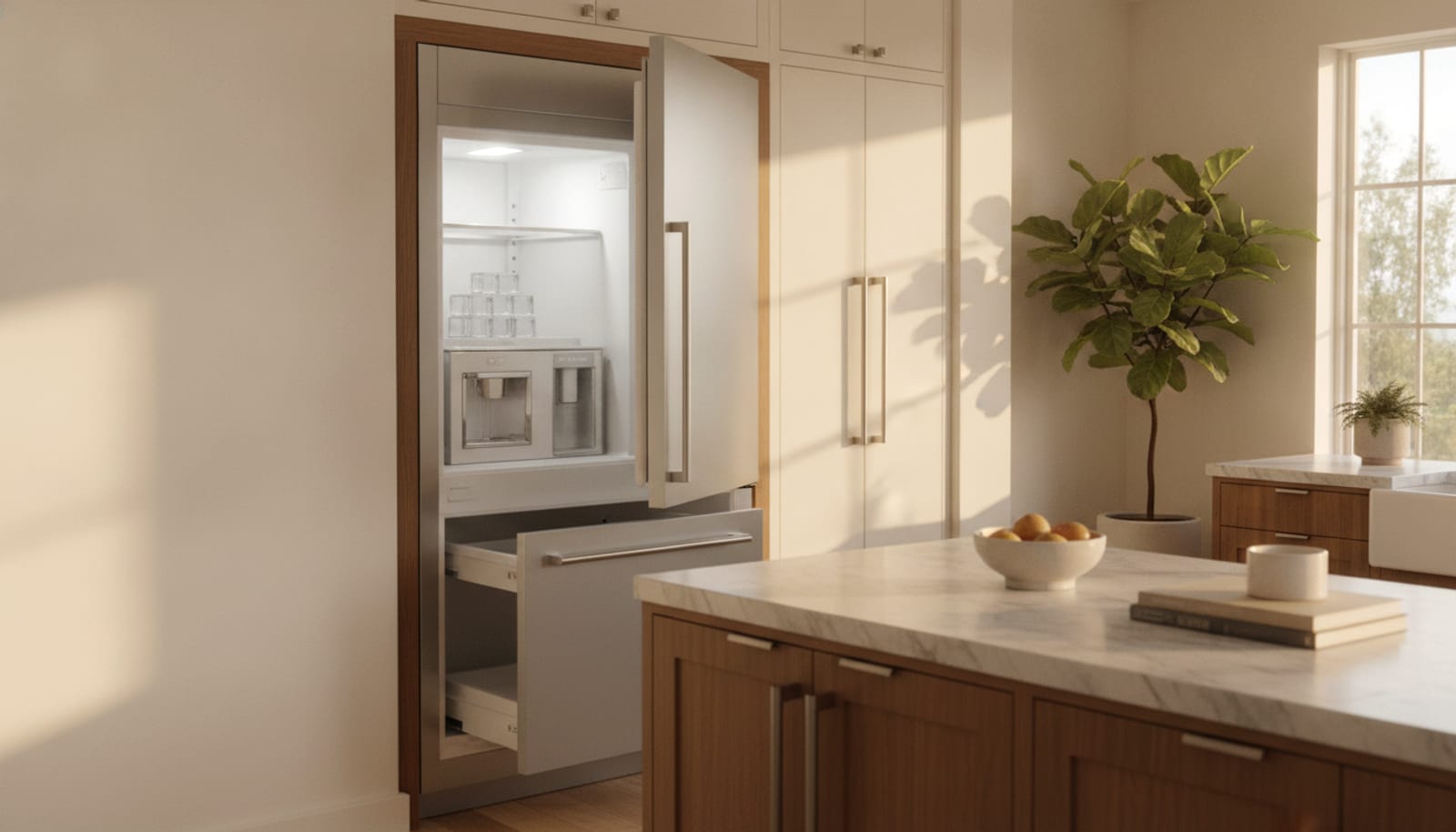 Built-in refrigerator with an open clear-ice maker module in a kitchen