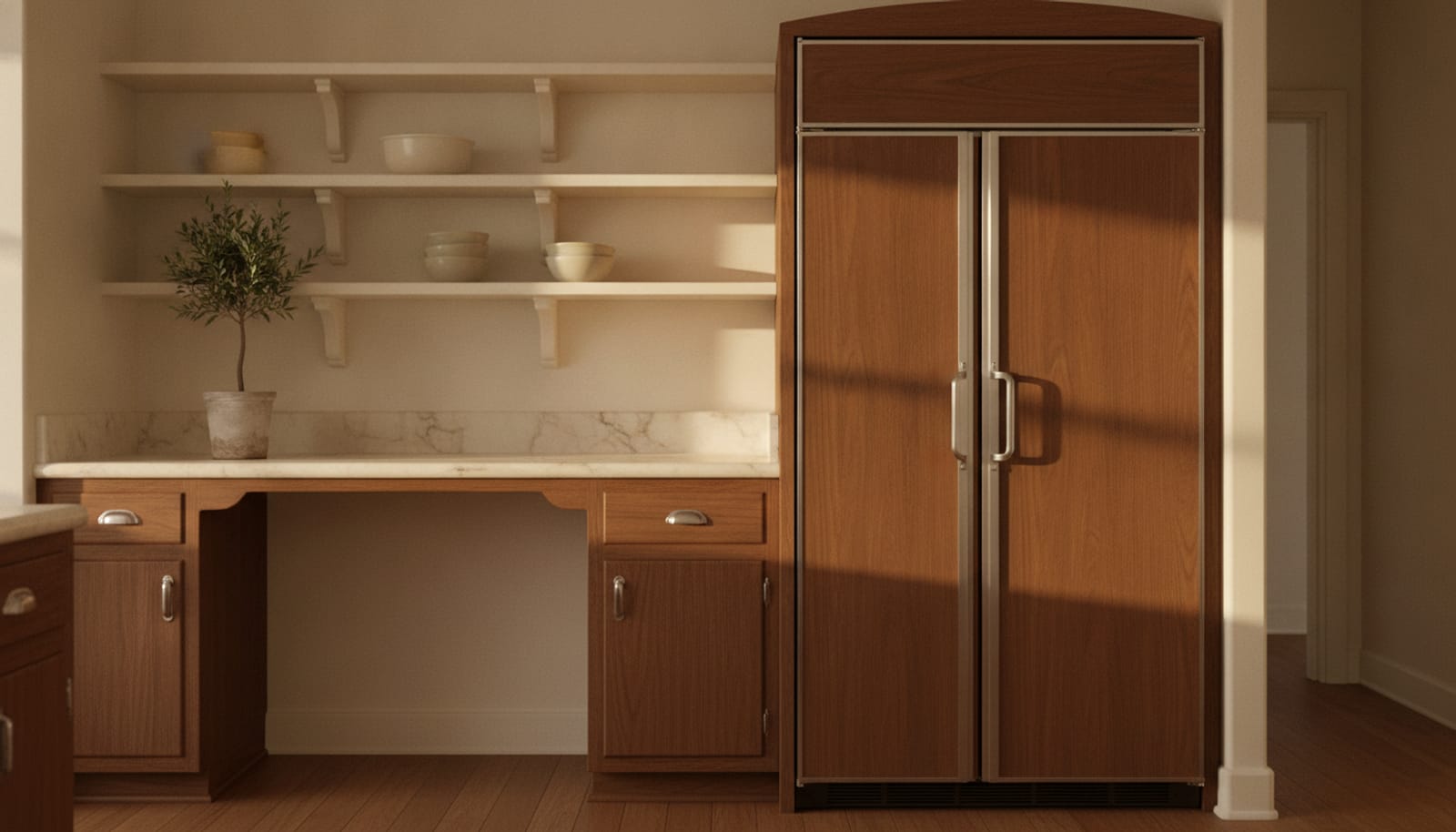 Early-era built-in refrigeration with custom wood paneling in a classic well-kept kitchen
