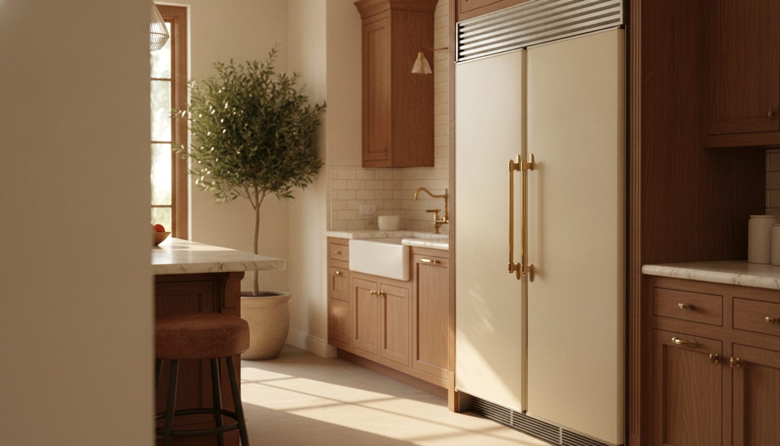 Vintage-but-maintained 500-style built-in side-by-side refrigerator in an established kitchen