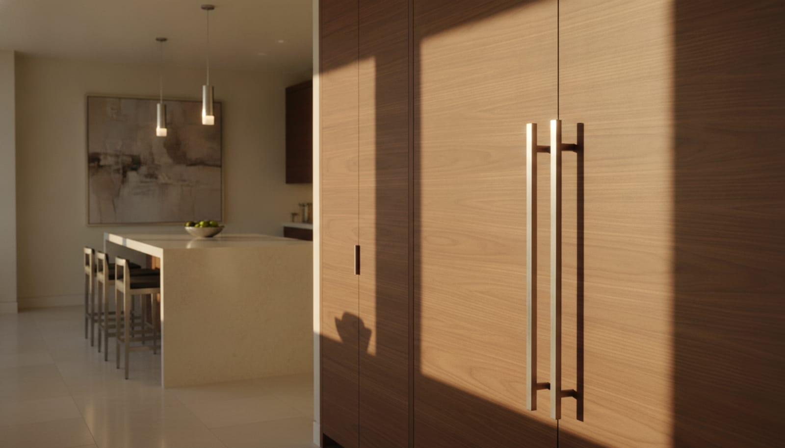 Fully integrated panel-ready refrigeration flush in custom walnut cabinetry, seamless kitchen