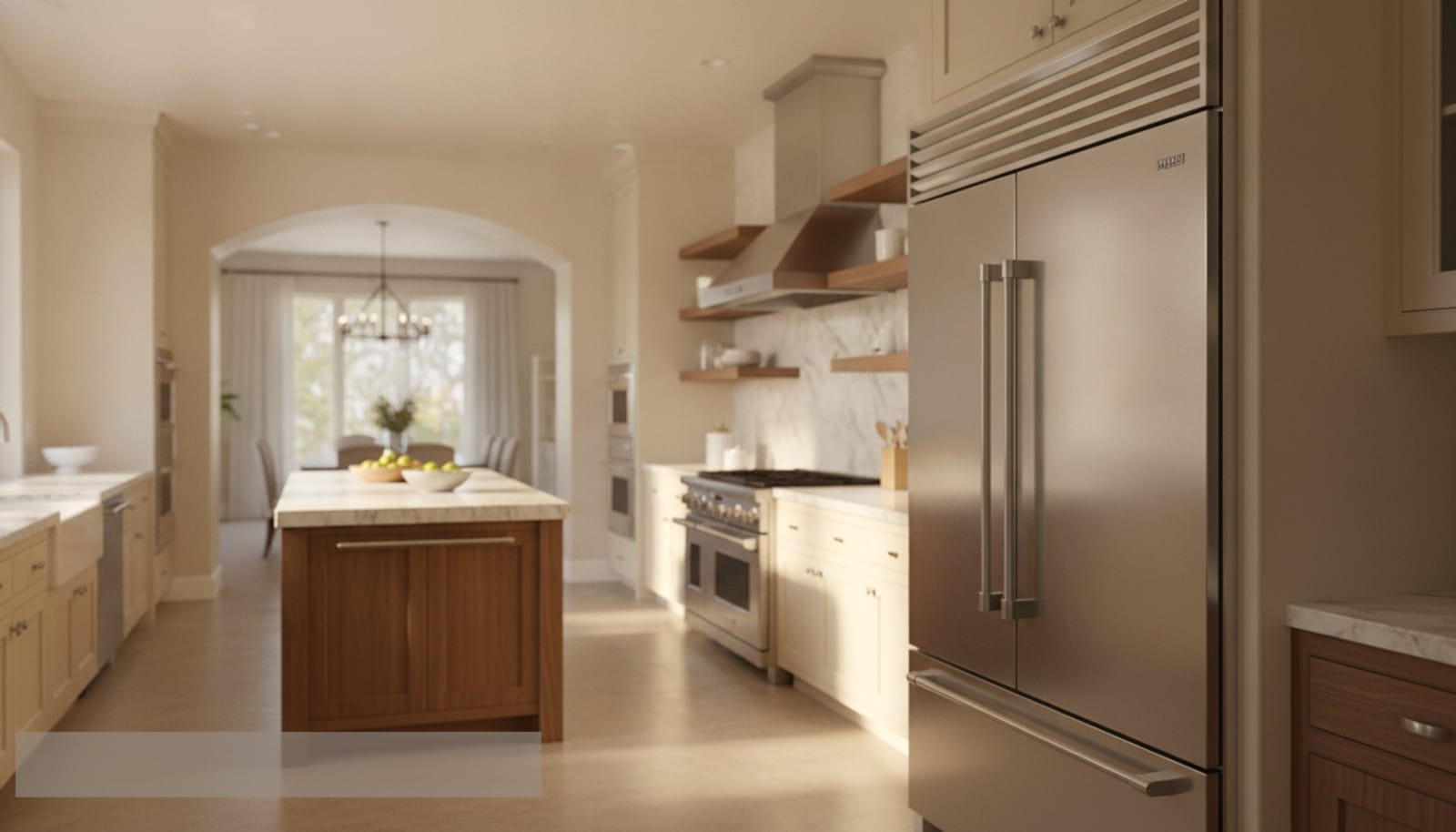 Imposing PRO-style built-in stainless refrigerator with thick pro handles in a luxury kitchen