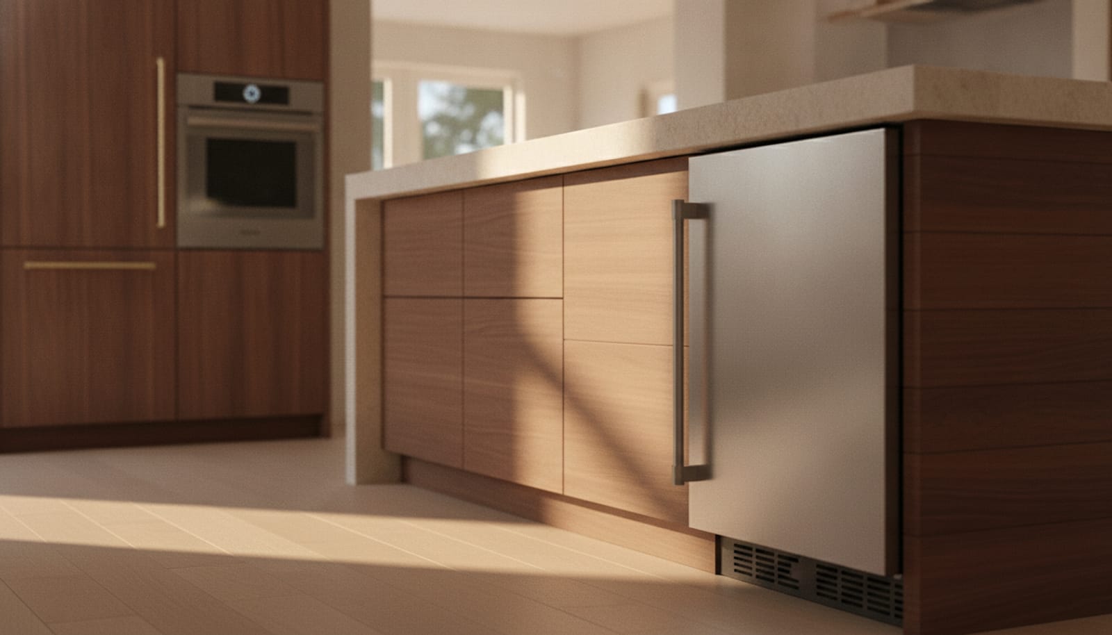 24-inch undercounter stainless refrigeration built under a counter in a refined kitchen