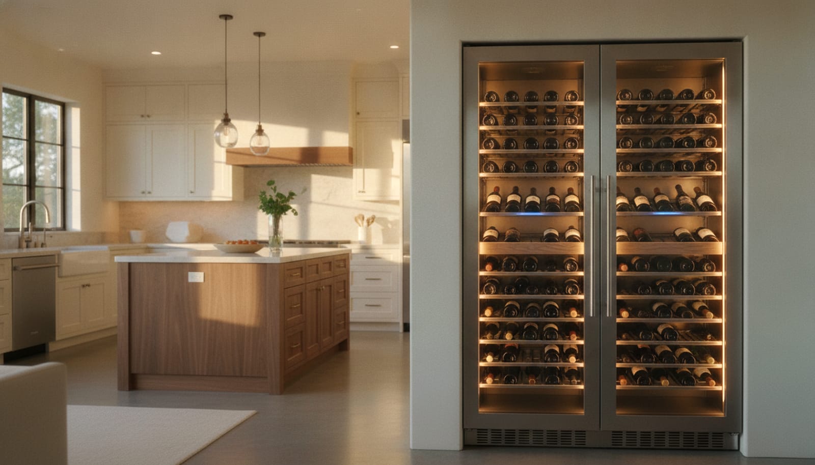 Dual-zone built-in stainless wine-storage column full of bottles under warm ambient light