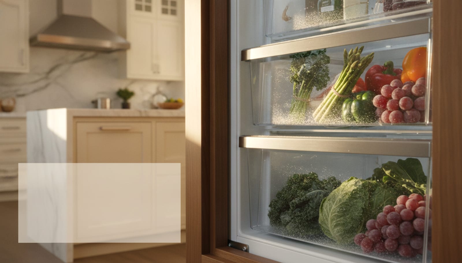 Fresh produce in a refrigerator drawer lightly dusted with frost