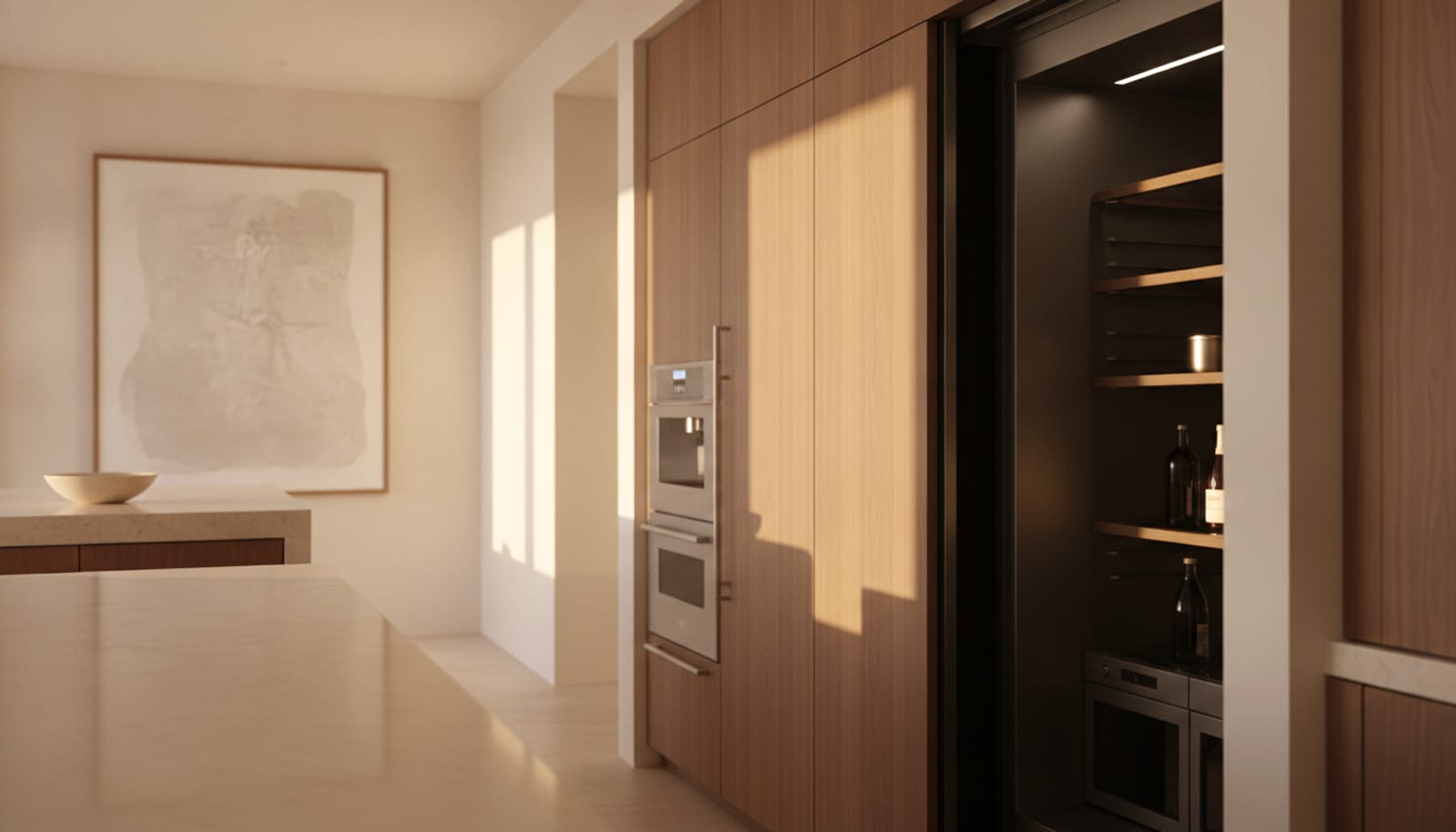 Dim, unlit interior of a built-in refrigerator in a bright kitchen