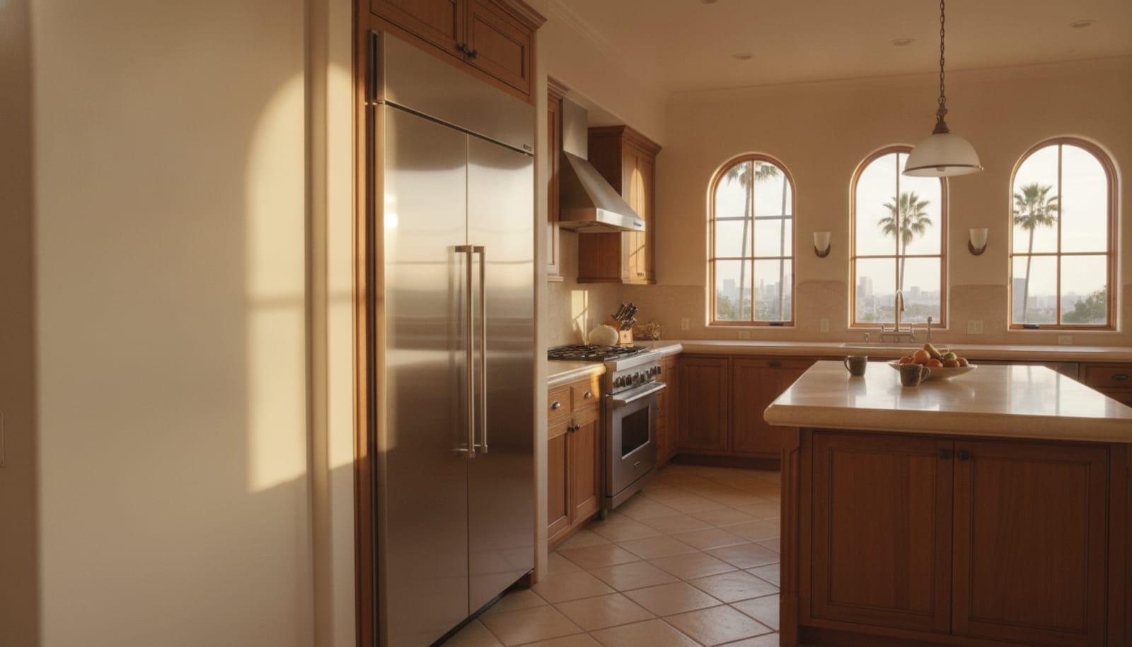 Luxury hillside Los Angeles Mediterranean-estate kitchen with a built-in refrigerator