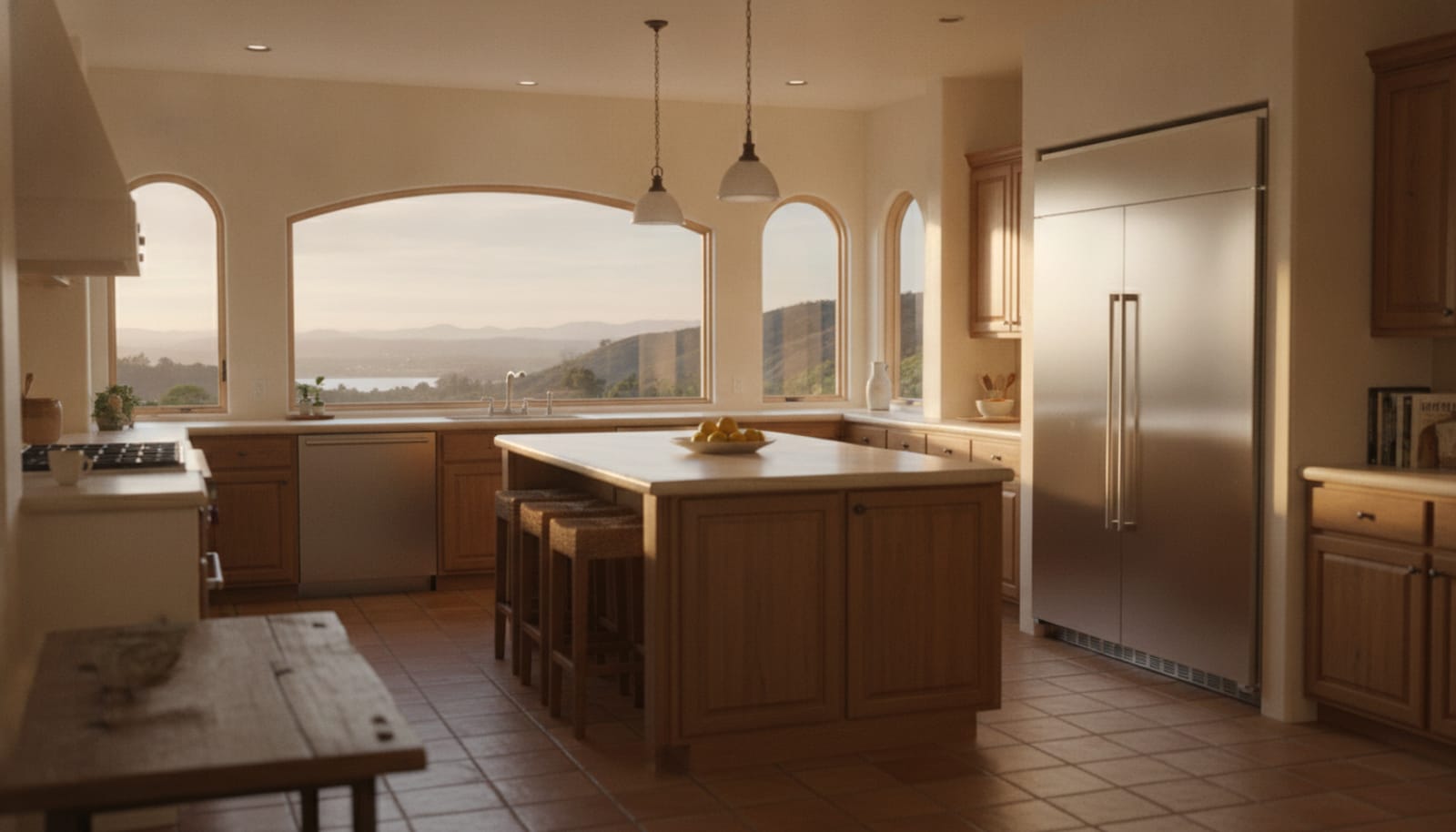 Westlake Village Mediterranean ranch kitchen with a built-in refrigerator, hills and lake beyond