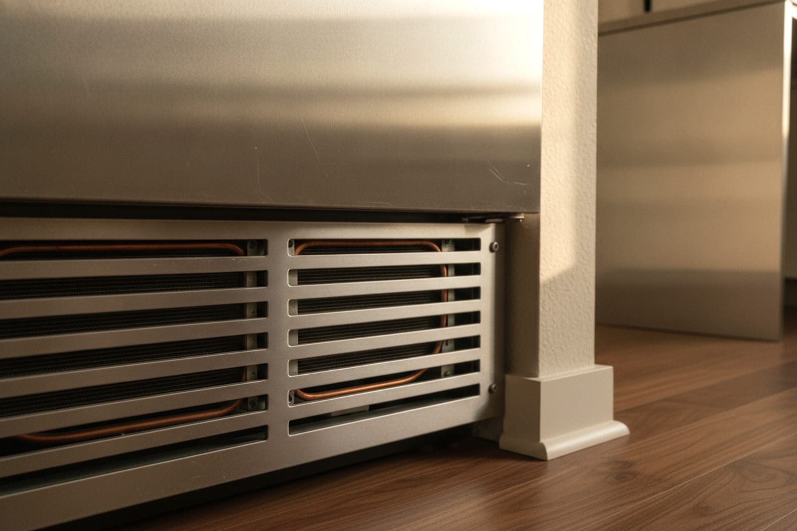 Lower grille and condenser zone of a built-in refrigerator